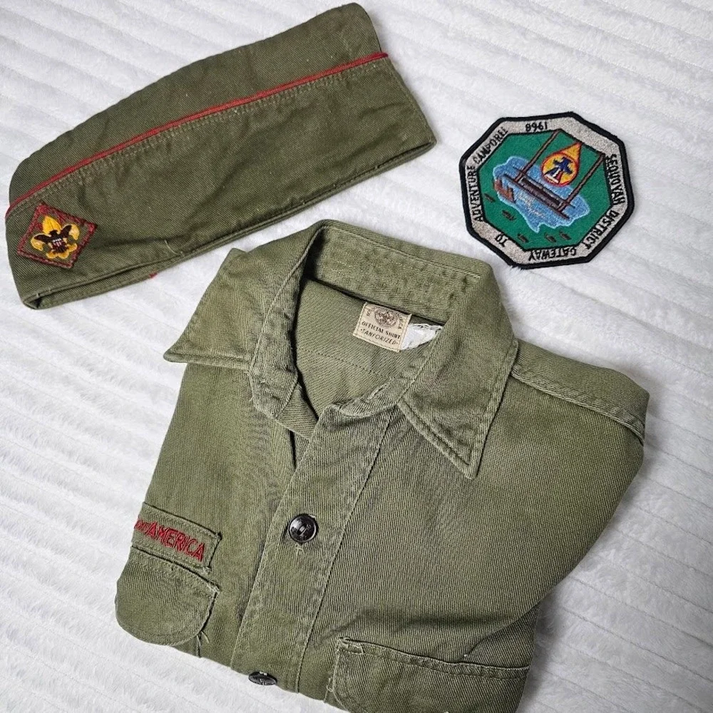 Boy Scouts of America Kids Vintage Patched Uniform 12 Shirt Hat Green 1960s BSA